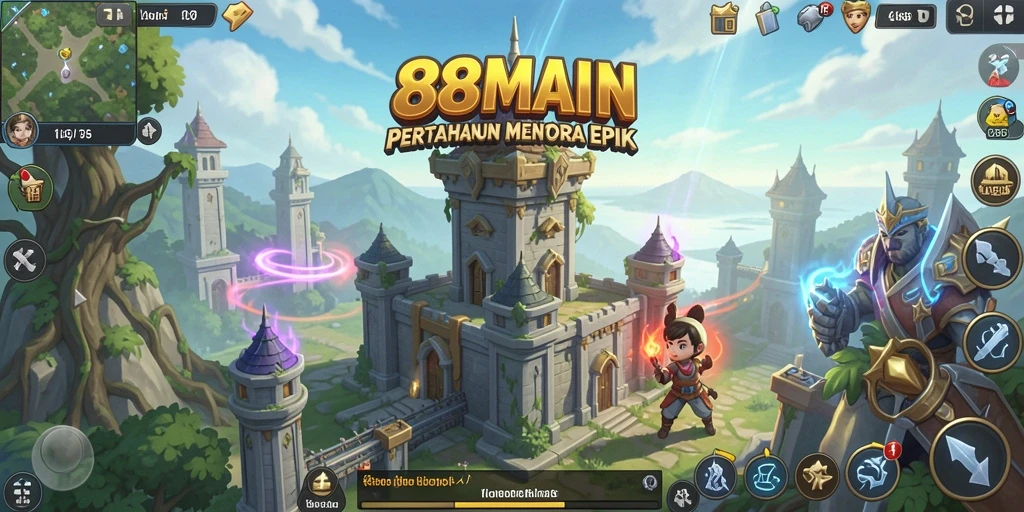 Screenshot gameplay 88MAIN menampilkan aksi menara pertahanan melawan gelombang musuh.