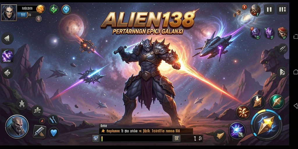 Tampilan aksi intens di ALIEN138 dengan pertarungan luar angkasa.