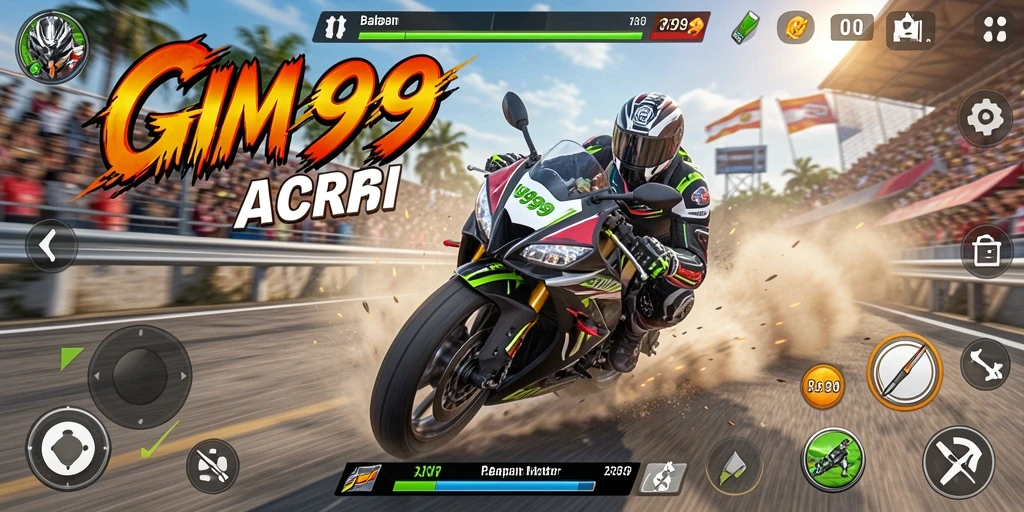 Gameplay seru GIM999 dengan aksi balapan motor cepat.