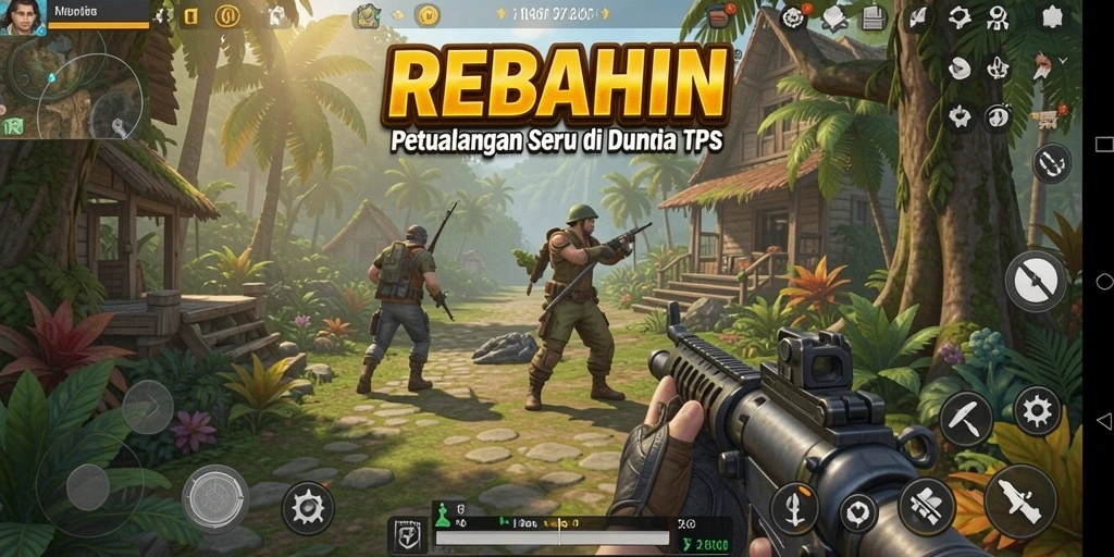 Screenshot utama REBAHIN menunjukkan aksi tembak-menembak seru dalam TPS.