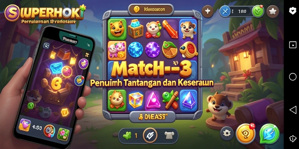 Screenshot utama SUPERHOKI menampilkan gameplay Match-3 yang menegangkan.